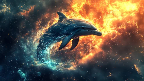 Digital painting of cosmic dolphin arcing through fire and water.
