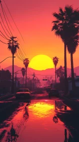 Glowing sunset settles over a calm palm-lined city street