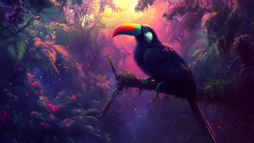 Neon toucan rests in glowing rainforest twilight canopy.