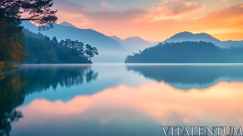 Gentle sunrise paints a calm mountain lake in soft color