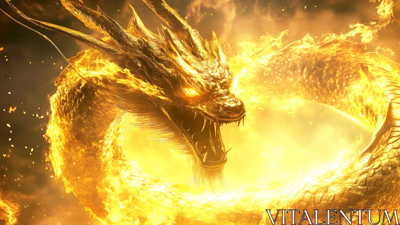 Fiery dragon coils in blazing ring of golden flame