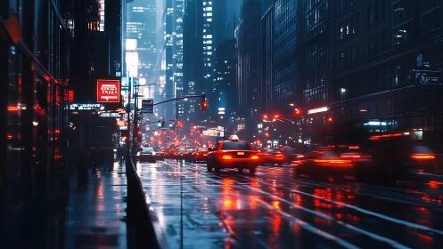 Neon-soaked city avenue with cinematic rainy night traffic.