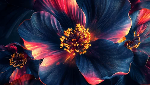 Luminescent Cosmos Blooms: Dark Petals Ignited in Golden Radiance.