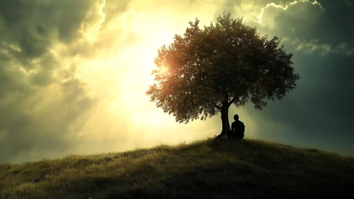 Silhouette of Person Resting Under Tree at Sunset, Dreamy Landscape.