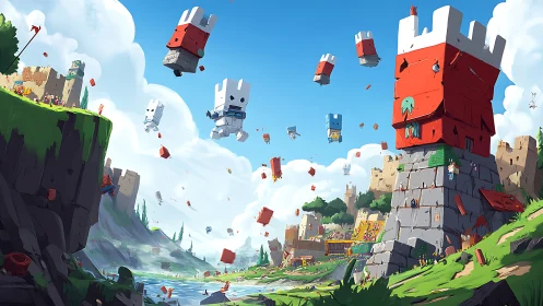 Floating modular forts over stylized medieval river valley