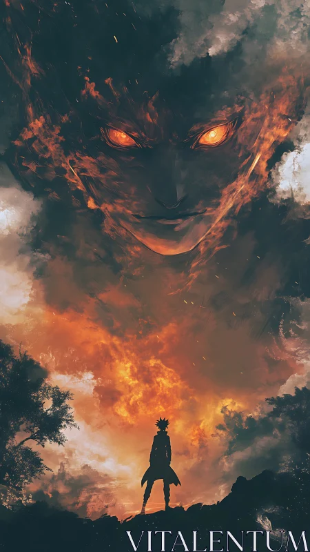 Lone warrior confronts fiery demon face in stormy sky.
