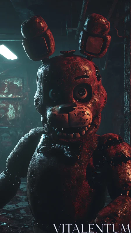 Rust-bitten animatronic bunny grins in dripping basement gloom.