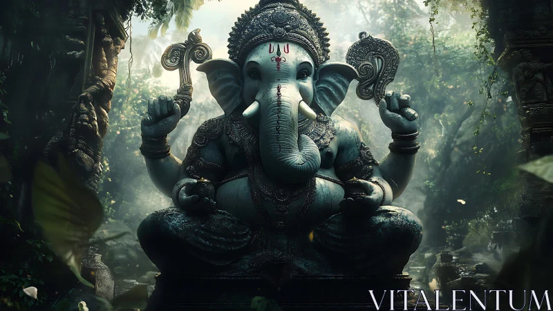 Ganesha stone statue sits in misty jungle temple ruins