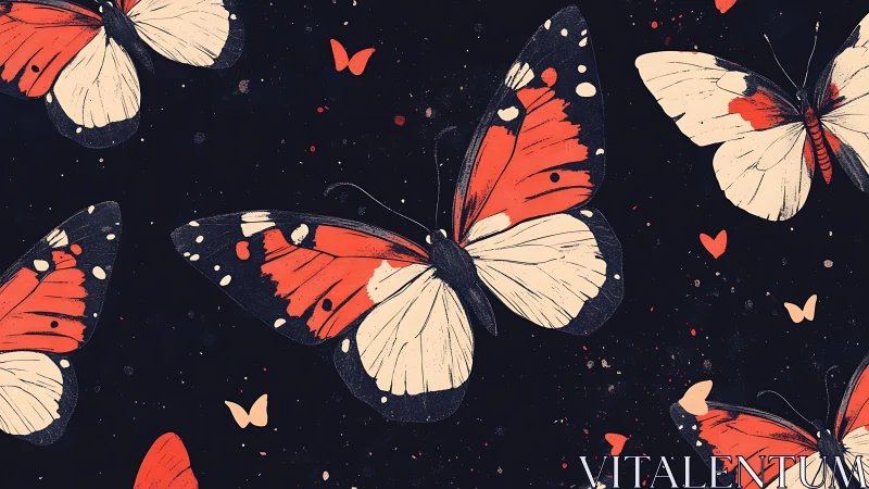 Scarlet and cream butterflies on midnight splatter field.