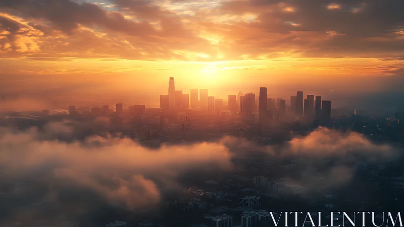 Glowing city skyline welcomes sunrise above drifting clouds