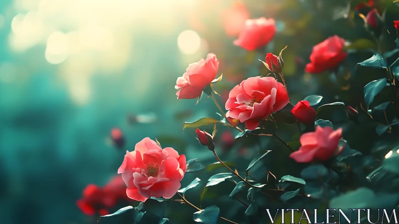 Coral-Pink Hybrid Roses Rendered with Soft-Focus Bokeh and Warm Sunlit Cinematic Depth