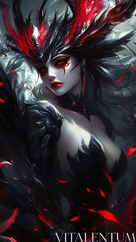 Raven-crowned bloodfire queen in a storm of dark wings.