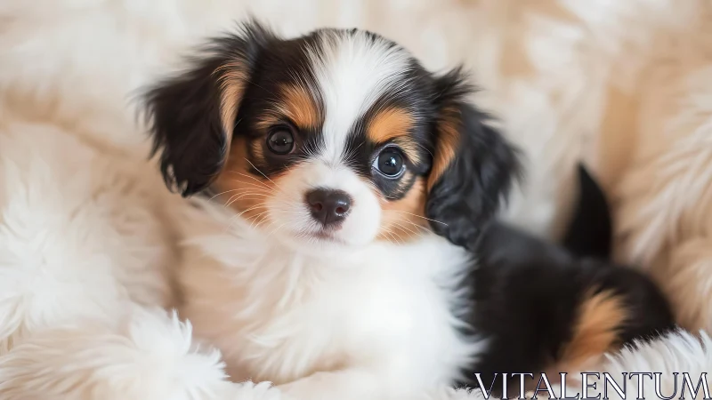 Tricolor spaniel puppy rests on soft white faux fur blanket