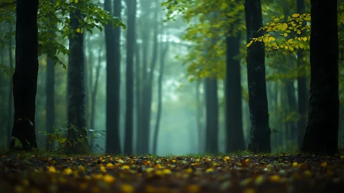 Atmospheric forest corridor with volumetric light penetration and chromatic stratification