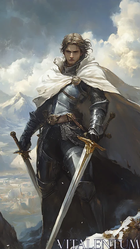 Armored warrior holding two swords on a snowy mountain ridge