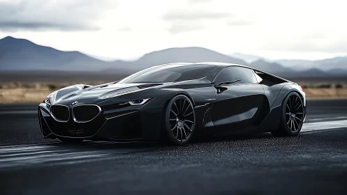 Sleek BMW supercar concept on wet desert highway at dusk.