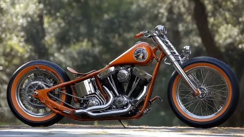 Custom orange chopper motorcycle in outdoor forest setting.