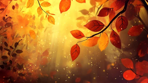 Autumn leaves hang over glowing golden forest background