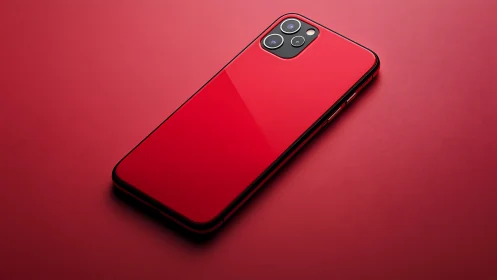 Red Smartphone with Quad Camera Setup on Crimson Surface.
