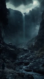 Solitary wanderer below storm-laden cinematic waterfall gorge.