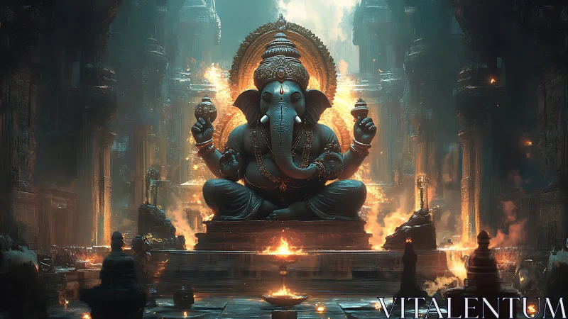 Temple embers crown the colossal seated elephant deity