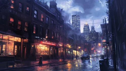 Rain-soaked urban street with distant high-rise skyline at night.