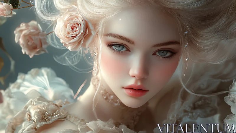 Elegant floral portrait of ethereal woman with soft gaze.