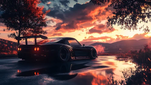 Sunset drift road where sleek night racer meets fire sky.