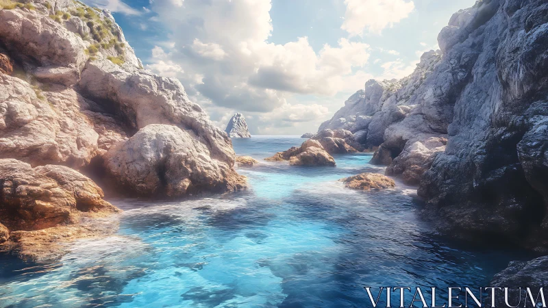 Rocky coastal inlet with clear blue water under daylight