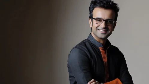 Warmly smiling man in glasses poses in elegant dark kurta