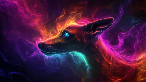 Luminous spirit dog drifting through neon cosmic clouds.