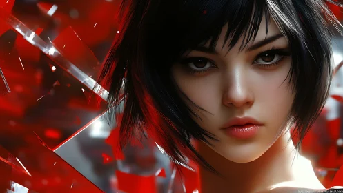 Intense gaze framed by red crystalline shards in motion.