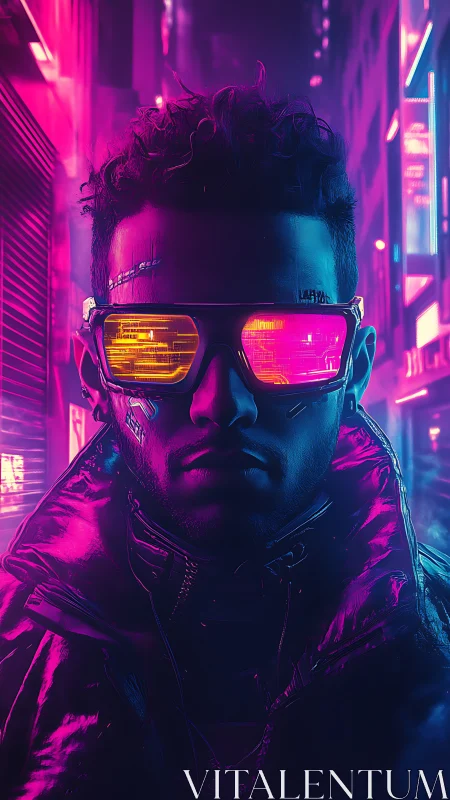 Neon cybernetic urban operative with augmented HUD visor.