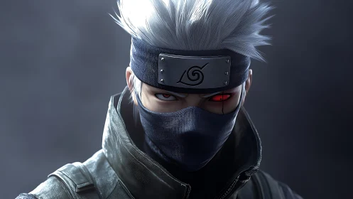 Mysterious silver haired ninja with a glowing red gaze.