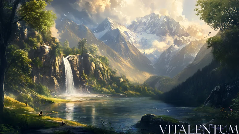 Sunlit alpine waterfall cascades into reflective mountain lake