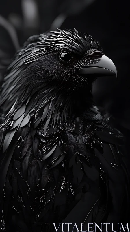 High-contrast monochrome avian portrait with glossy sculpted plumage