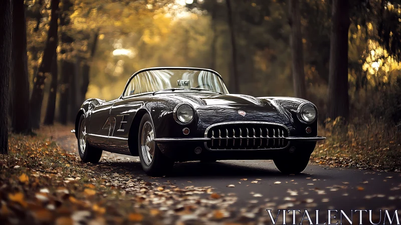 Vintage roadster gliding through a golden autumn forest.