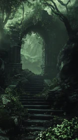 Ancient forest staircase ascends toward misty stone arch