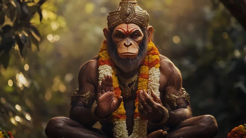 Simian deity figure in forest with garlands and crown.