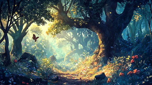 Enchanted Forest Sanctuary Where Light Dances Through Ancient Trees
