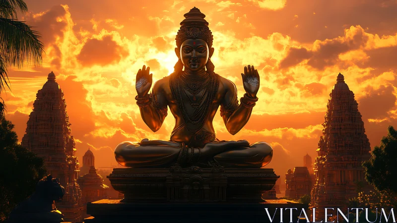 Sun-drenched deity floats above temples in molten calm