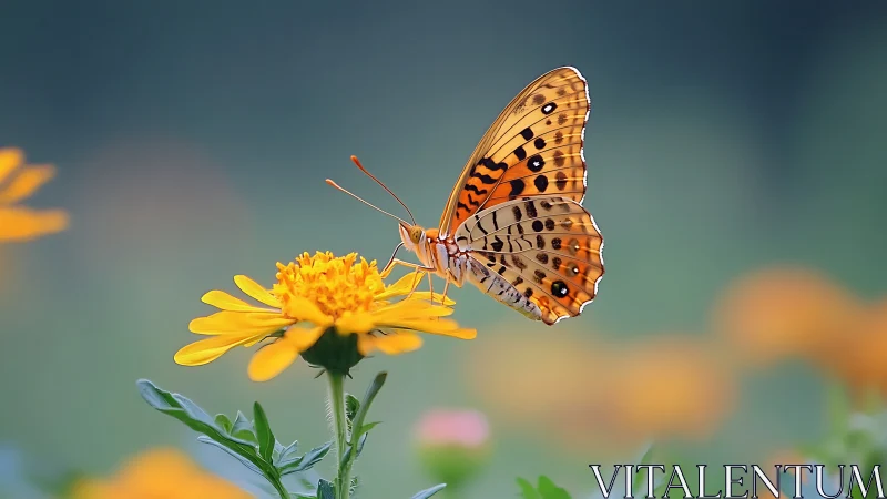 Orange patterned butterfly on yellow flower side profile.