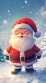Jolly snow-kissed Santa beaming under a storybook sky.