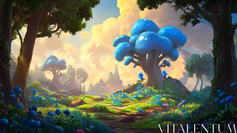 Digital landscape depicts fantastical forest with blue flora and celestial atmosphere