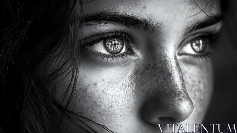 Monochrome close-up portrait with hyperreal ocular detail.