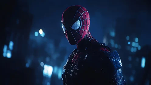 Midnight web-suited hero framed by moody city lights.