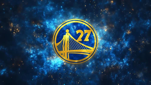 Starlit Golden Bridge Emblem Orbiting in Electric Nebulae.