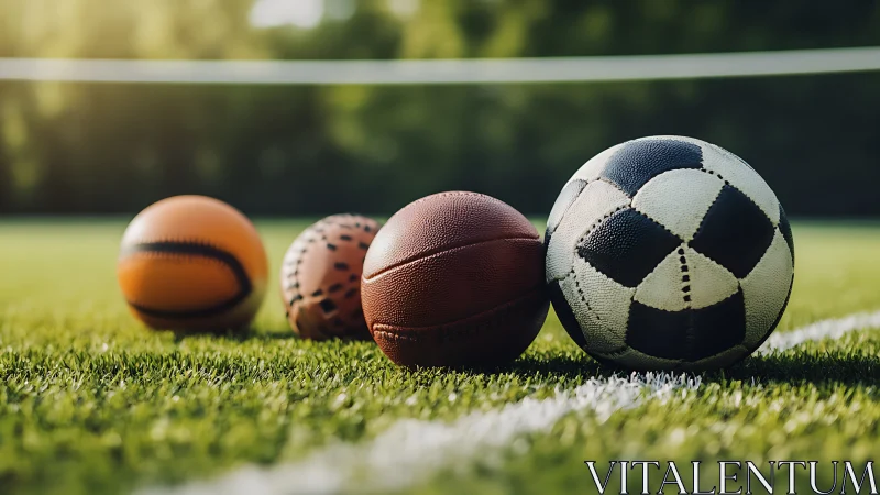 Sports balls rest on artificial turf in shallow depth focus