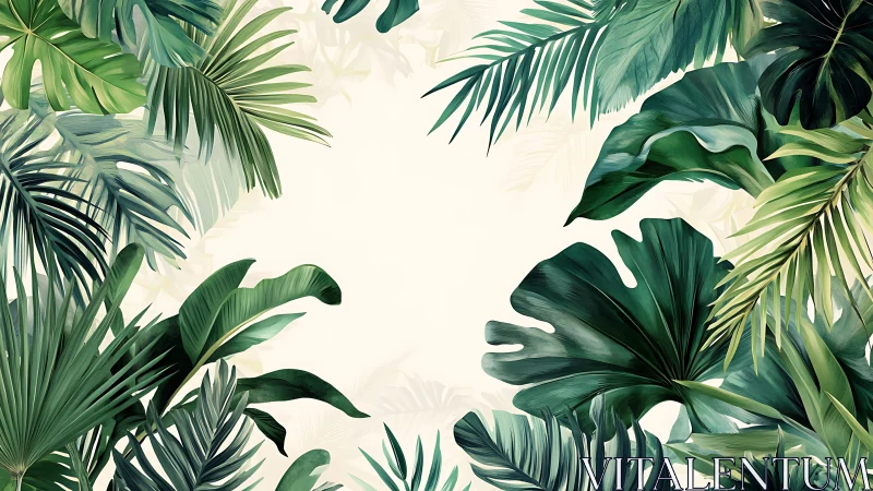 Tropical palm leaves frame light background with lush depth