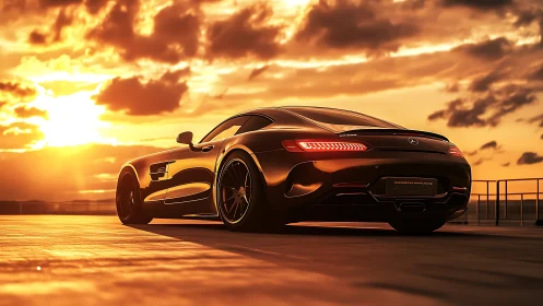 Luxury black sports coupe under dramatic sunset sky.